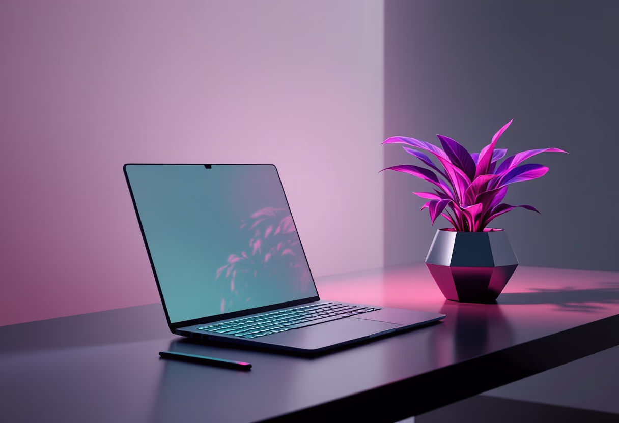 image of desk with a laptop and a plant (for a bookstore)
