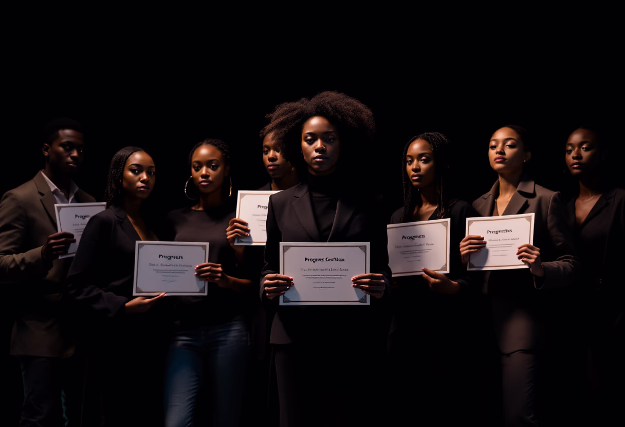 diverse students holding certificates in a dimly lit auditorium