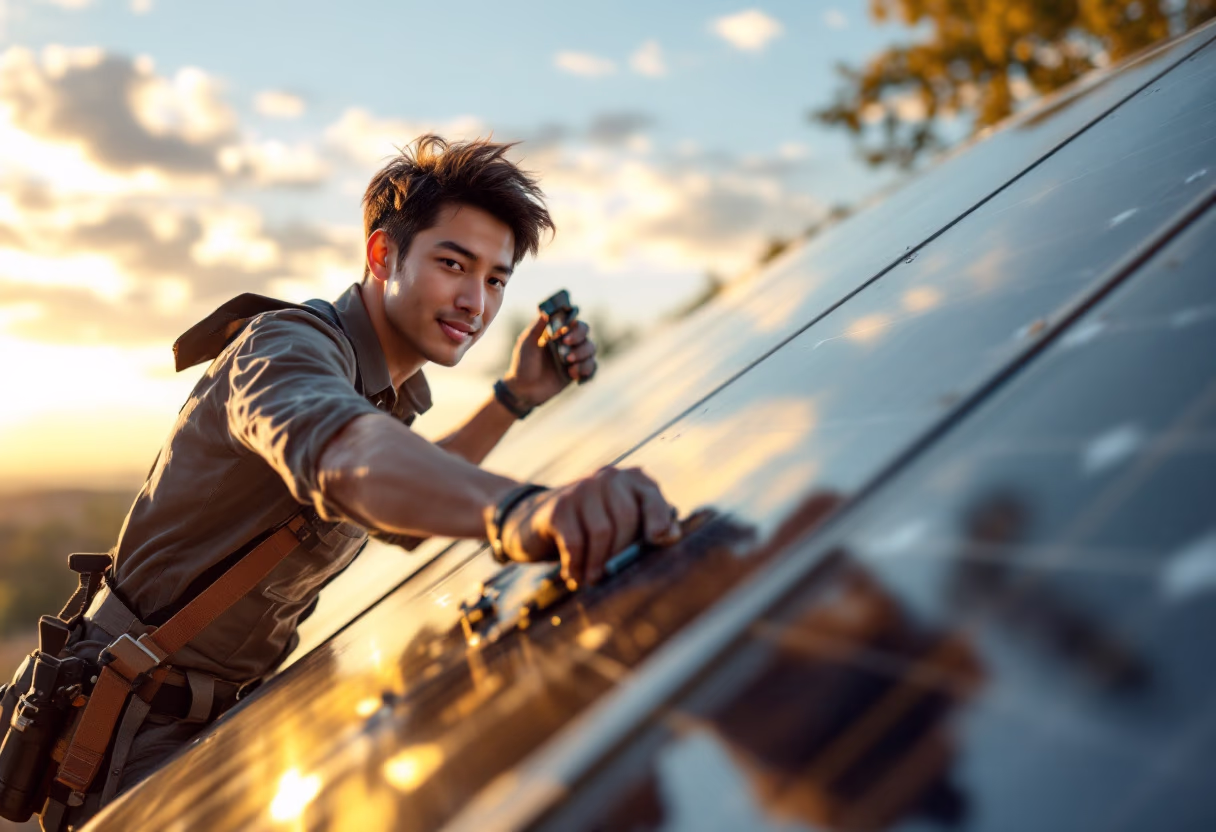 image of a technician installing solar panels