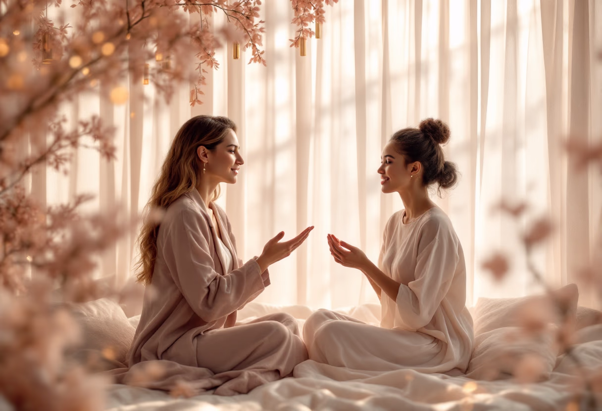 Two people in a relaxed one-to-one conversation in a sunlit room.