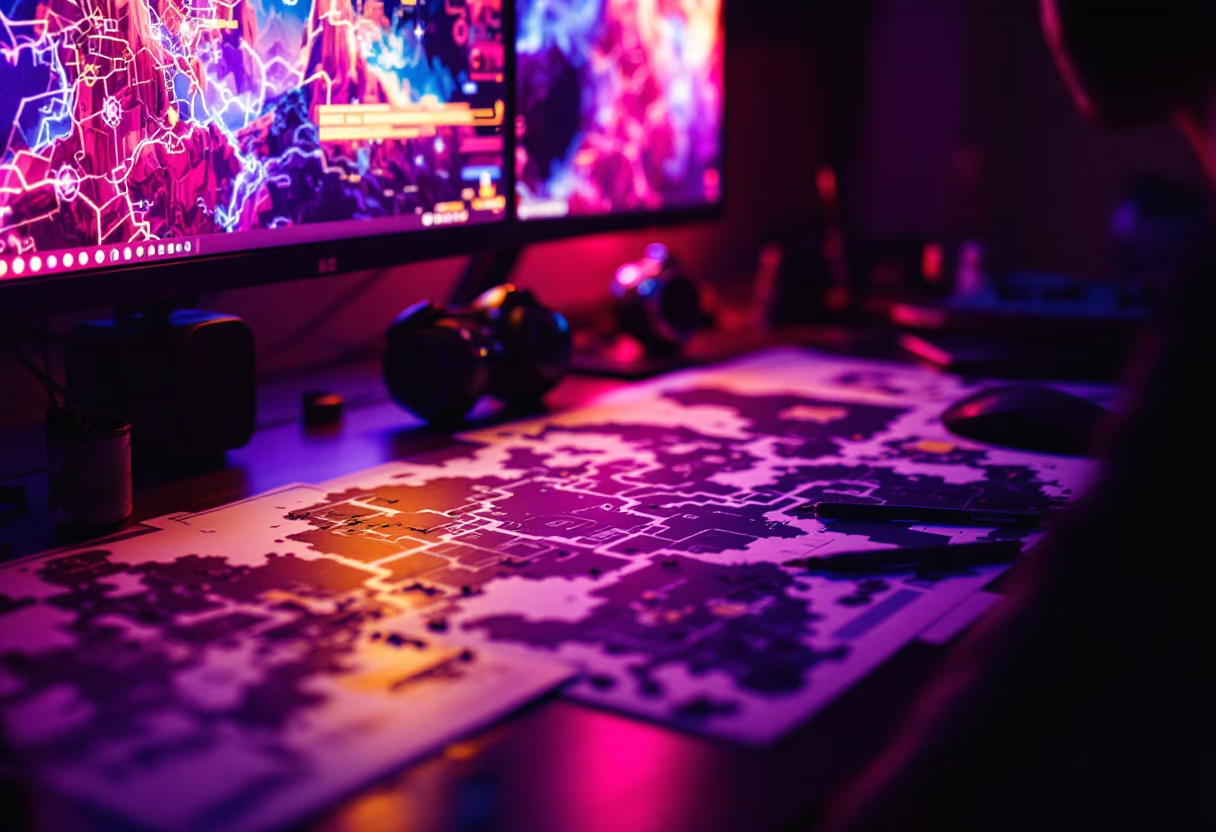 image of desk setup with computer (for a game development company)