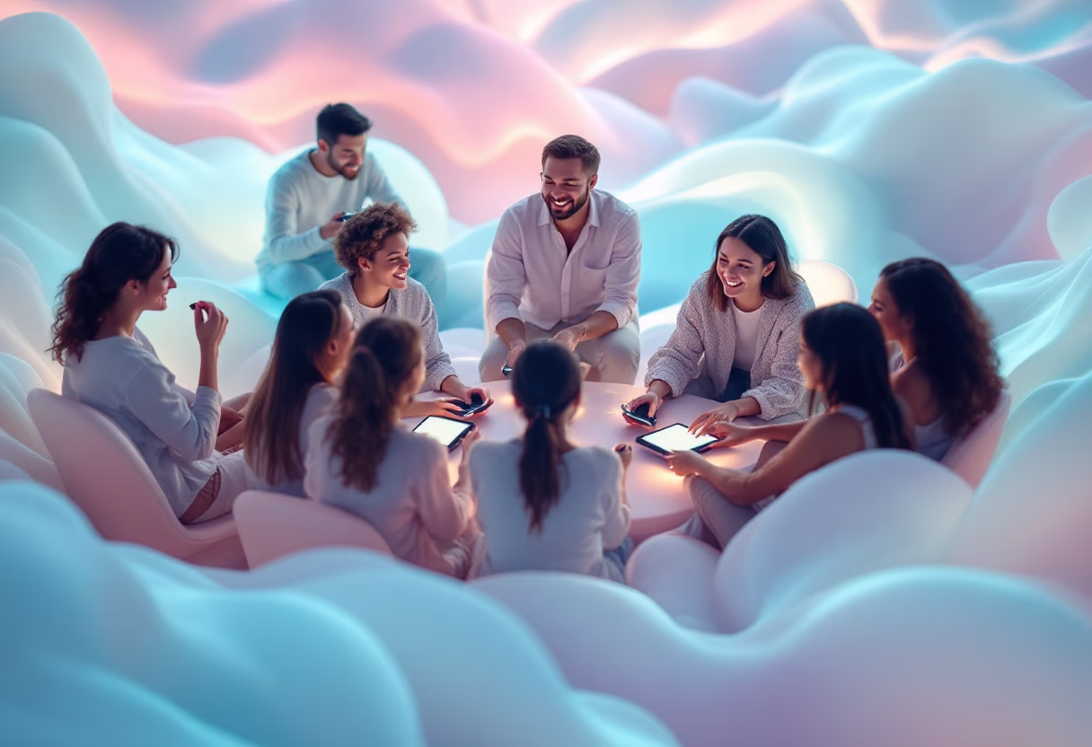 Group sitting together on soft cushions, sharing ideas on tablets.