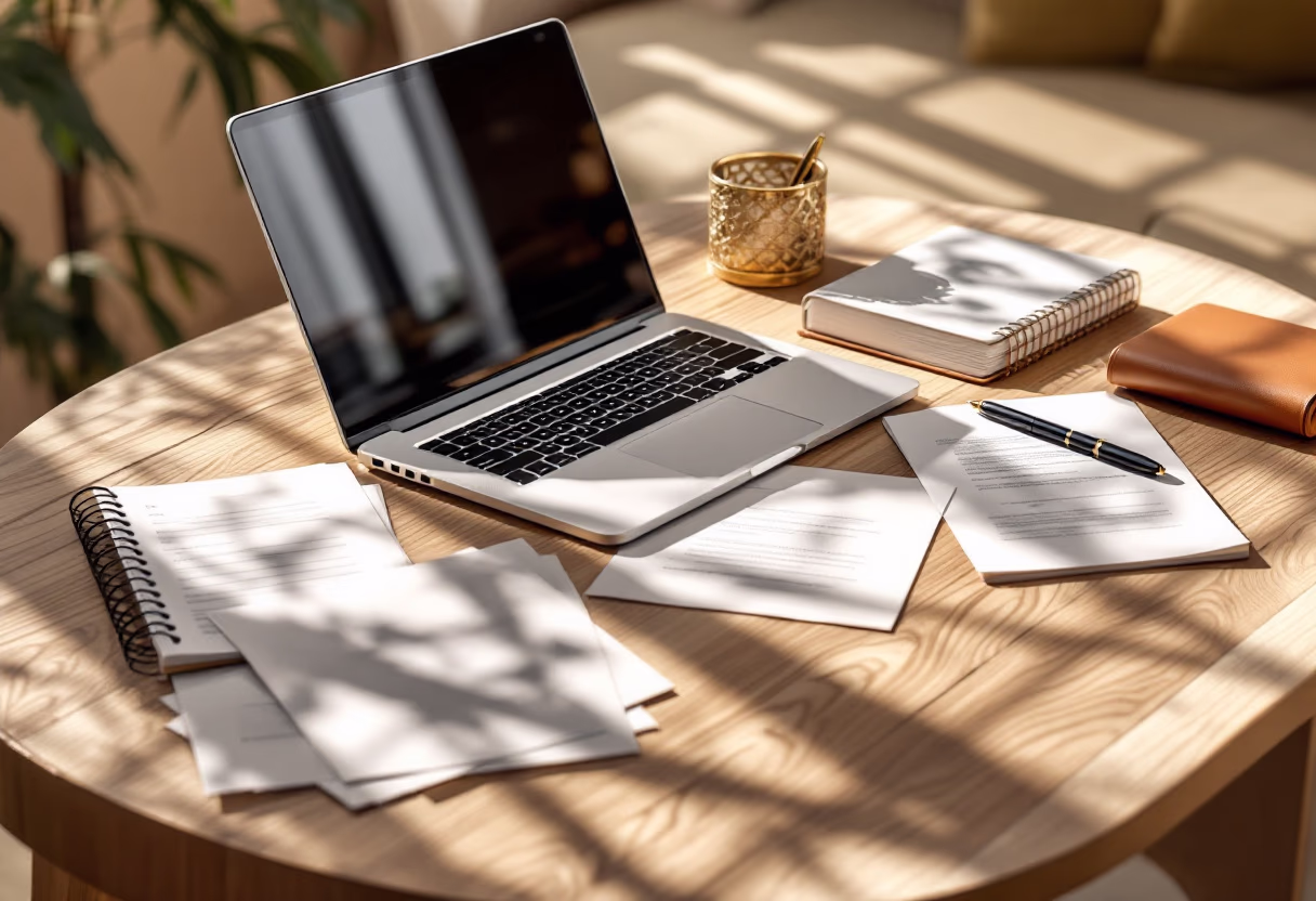 [background image] image of a work desk with a laptop and documents (for an ai legal tech company)