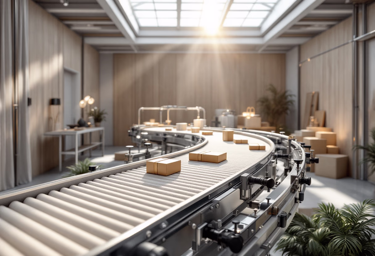 a high resolution photo of a conveyor belt in a manufacturing plant production line