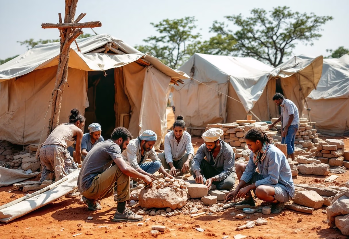 image of volunteers building shelters in a rural area