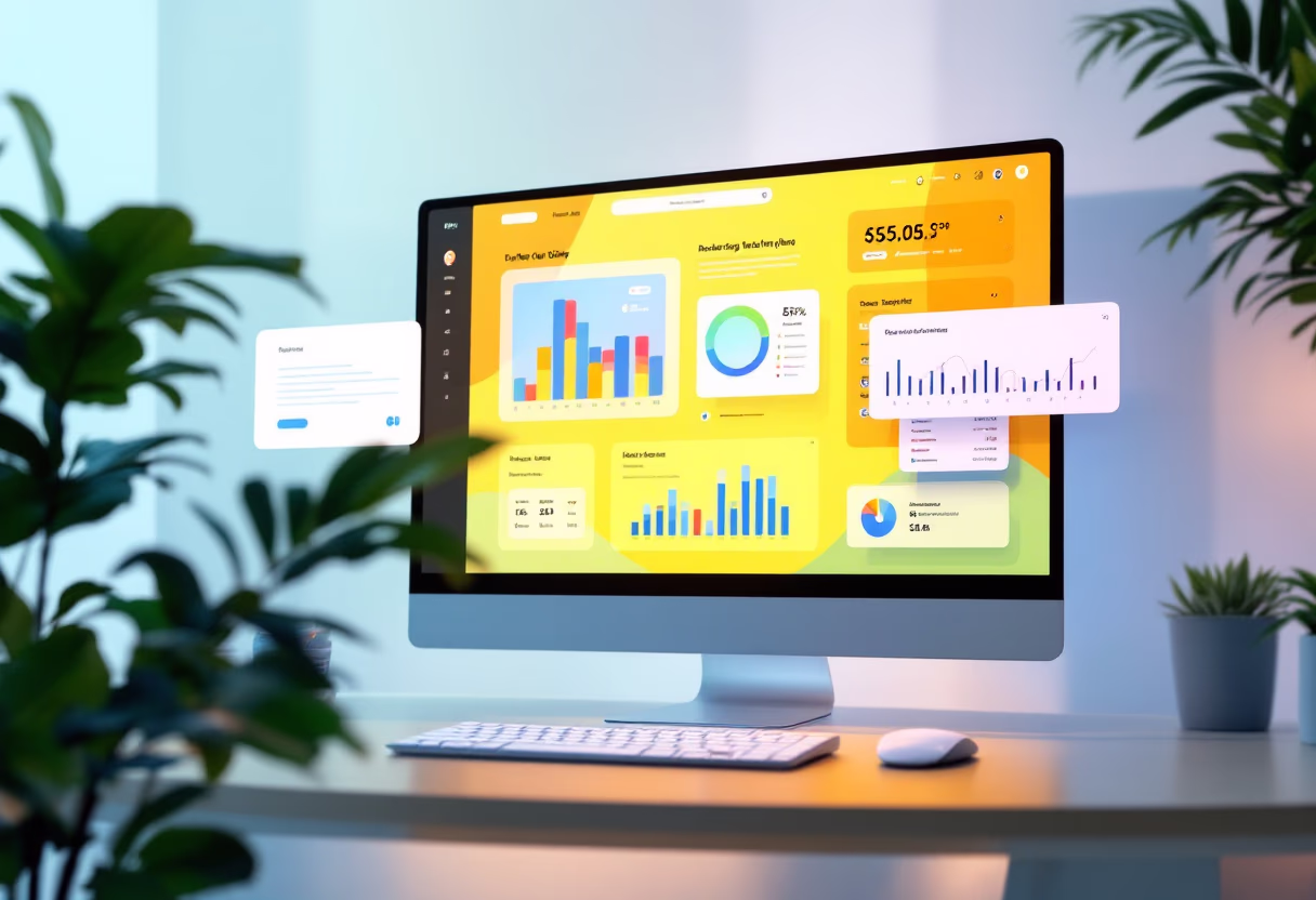 Modern desktop computer displaying colorful data dashboards with charts and analytics on screen, surrounded by plants on a desk