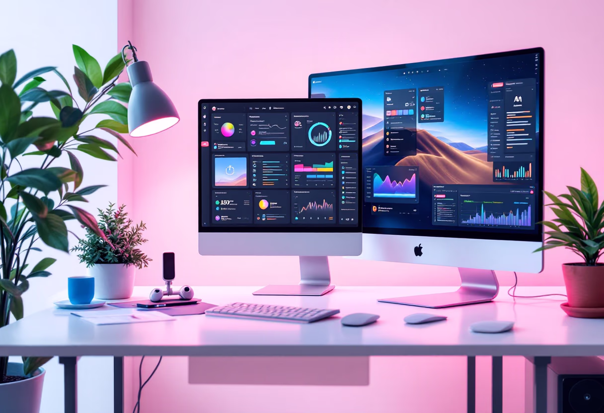 image of a desk with a computer in workspace (for a space tech)