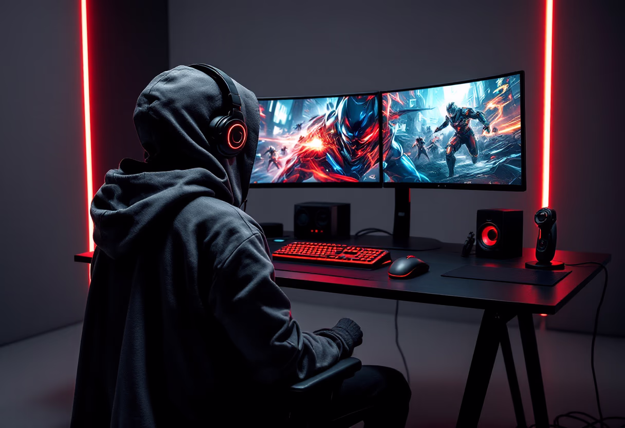 image of desk setup with computer (for a game development company)