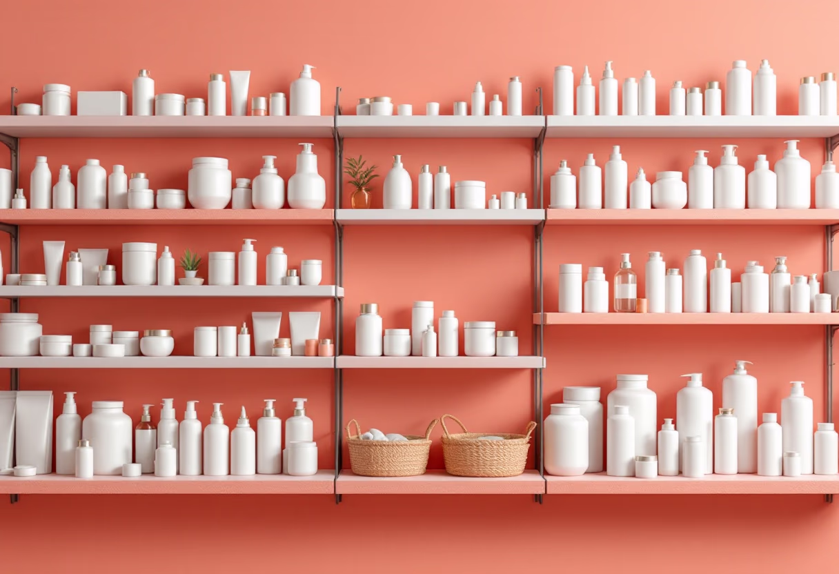 [background image] variety of pharmaceutical products on display (for a pharmacy)