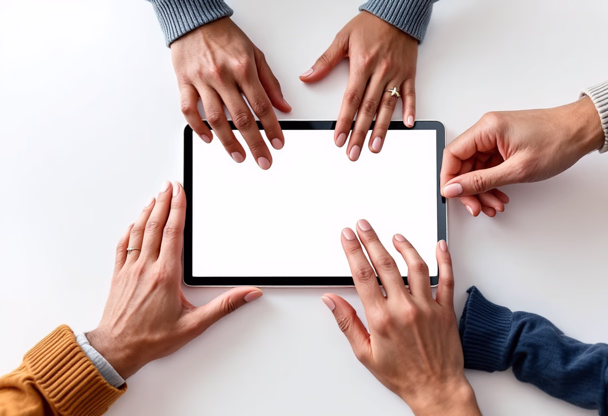 image of hands scheduling an appointment on a tablet for a garment care service.