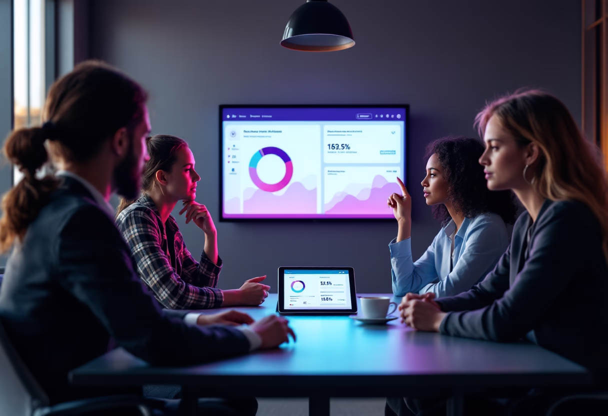 [productivity app interface] image of a group discussing in an office (for a legal tech)