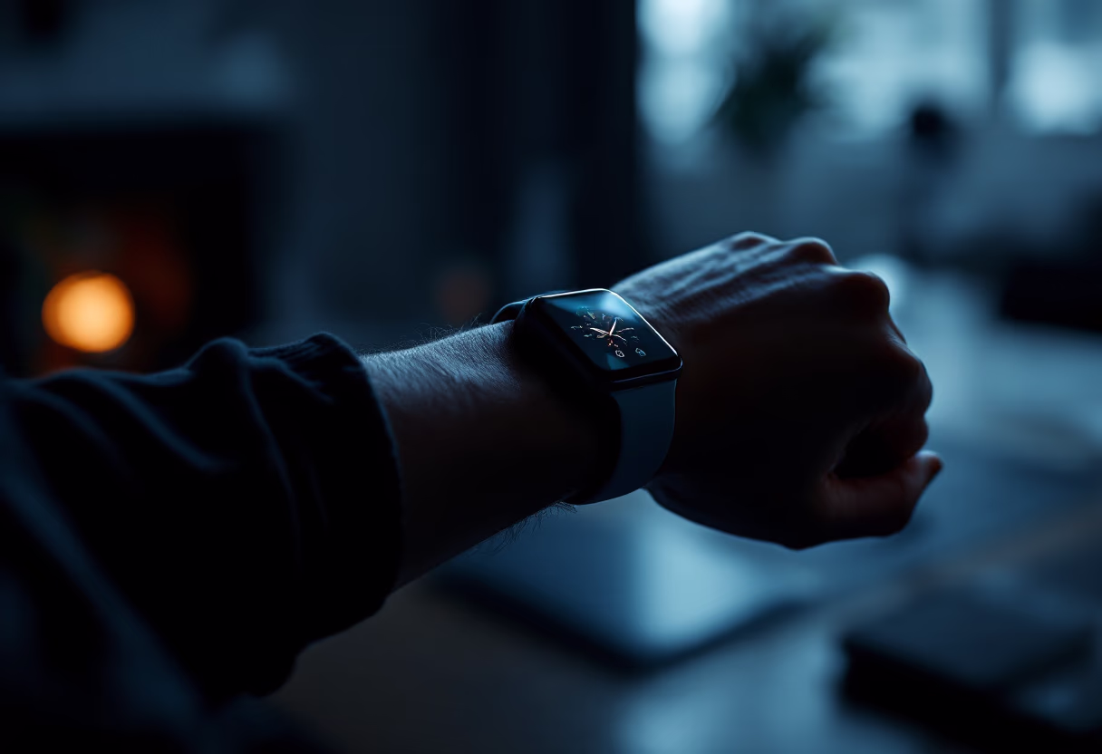 image of a smartwatch being worn and used in a modern home office