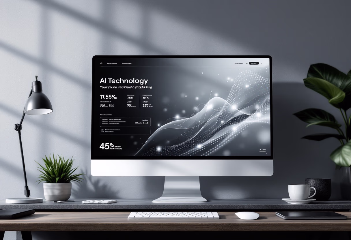 [background image] image of a digital display screen with marketing visuals for an ai marketing tech company