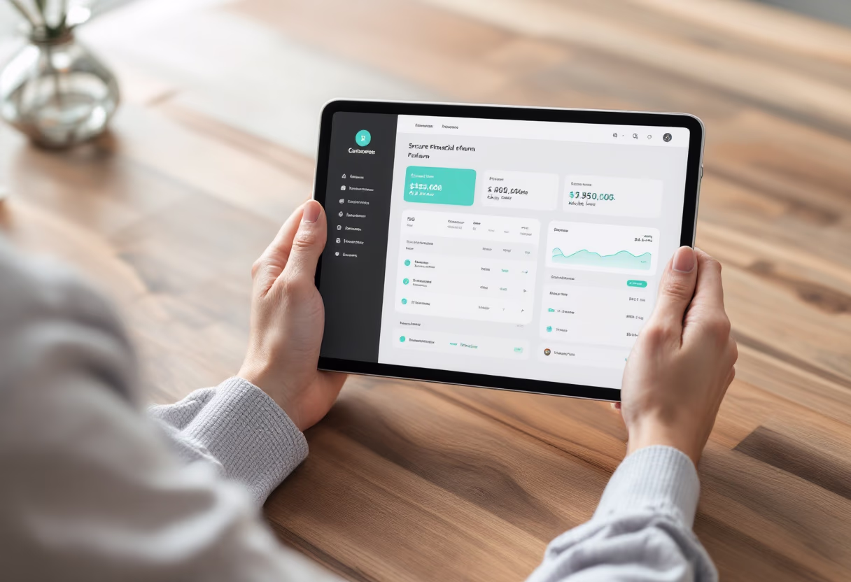 [interface] image of tablet with secure financial platform interface (for a fintech company)