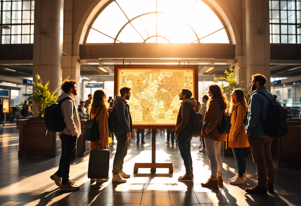 image of passengers checking map (for a public transportation company)