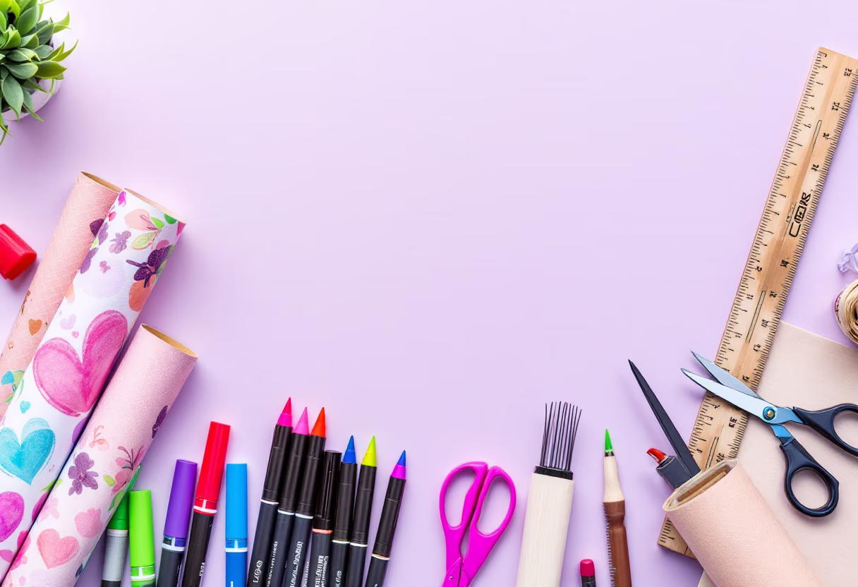 [background image] image of art supplies on a desk (for a graphic design studio)