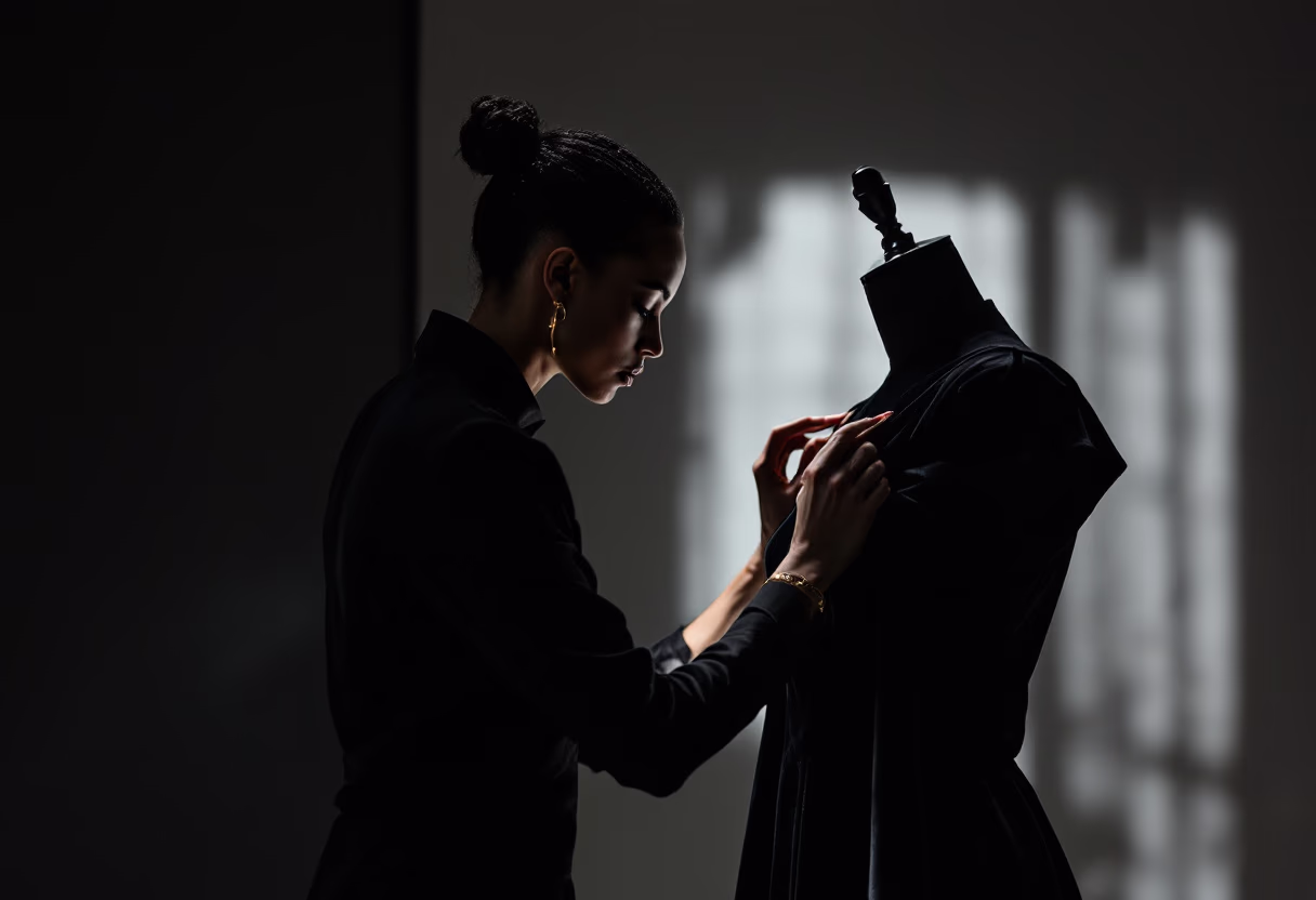 image of a tailor adjusting a dress on a mannequin