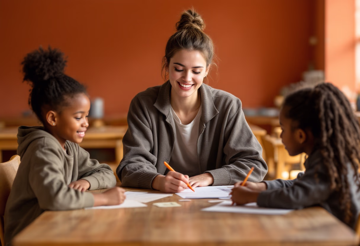 image of volunteer teaching children in a colorful classroom