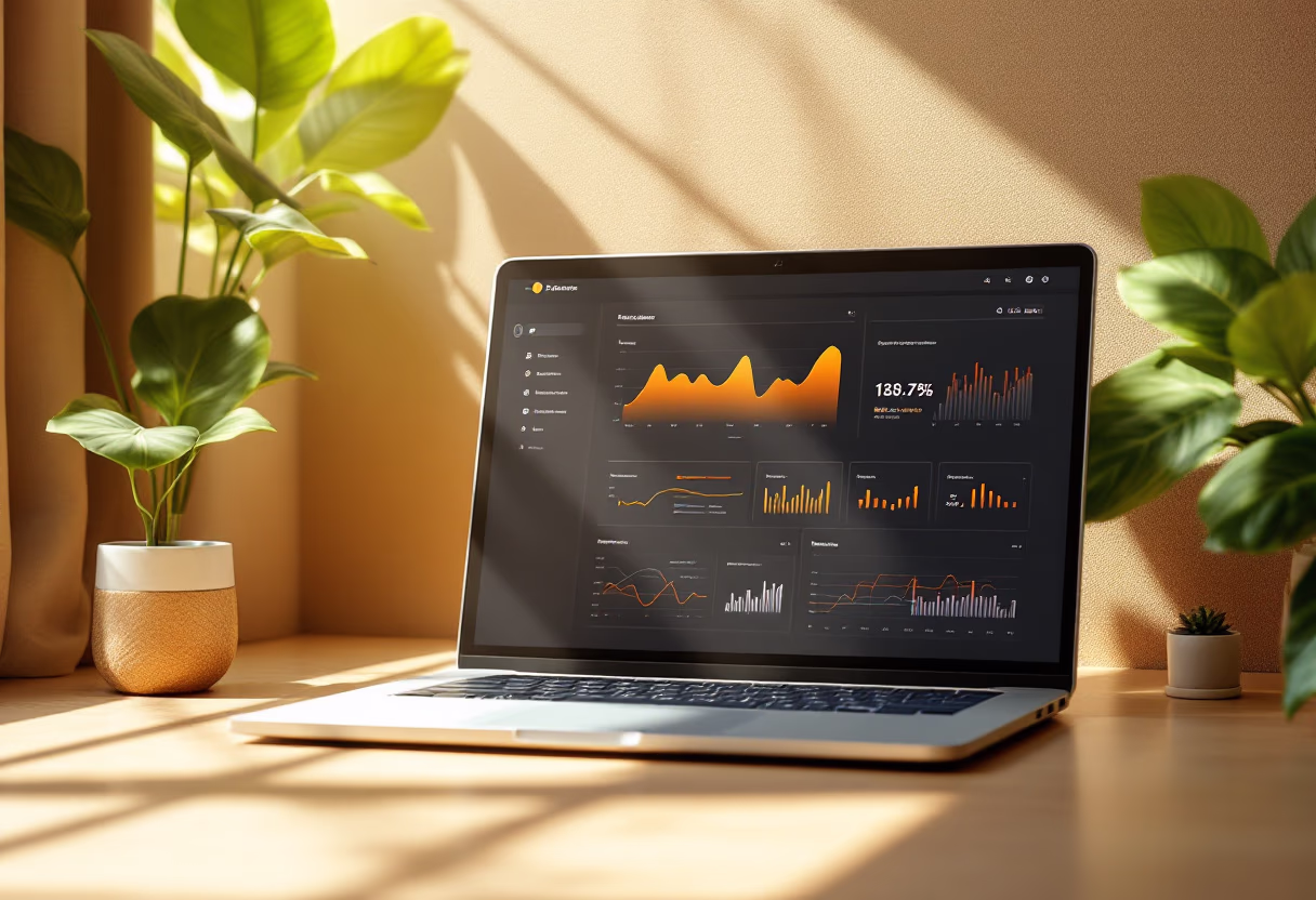 image of automation software dashboard presented on a tablet, set on a light-toned marble desk for a ai robotics and automation company
