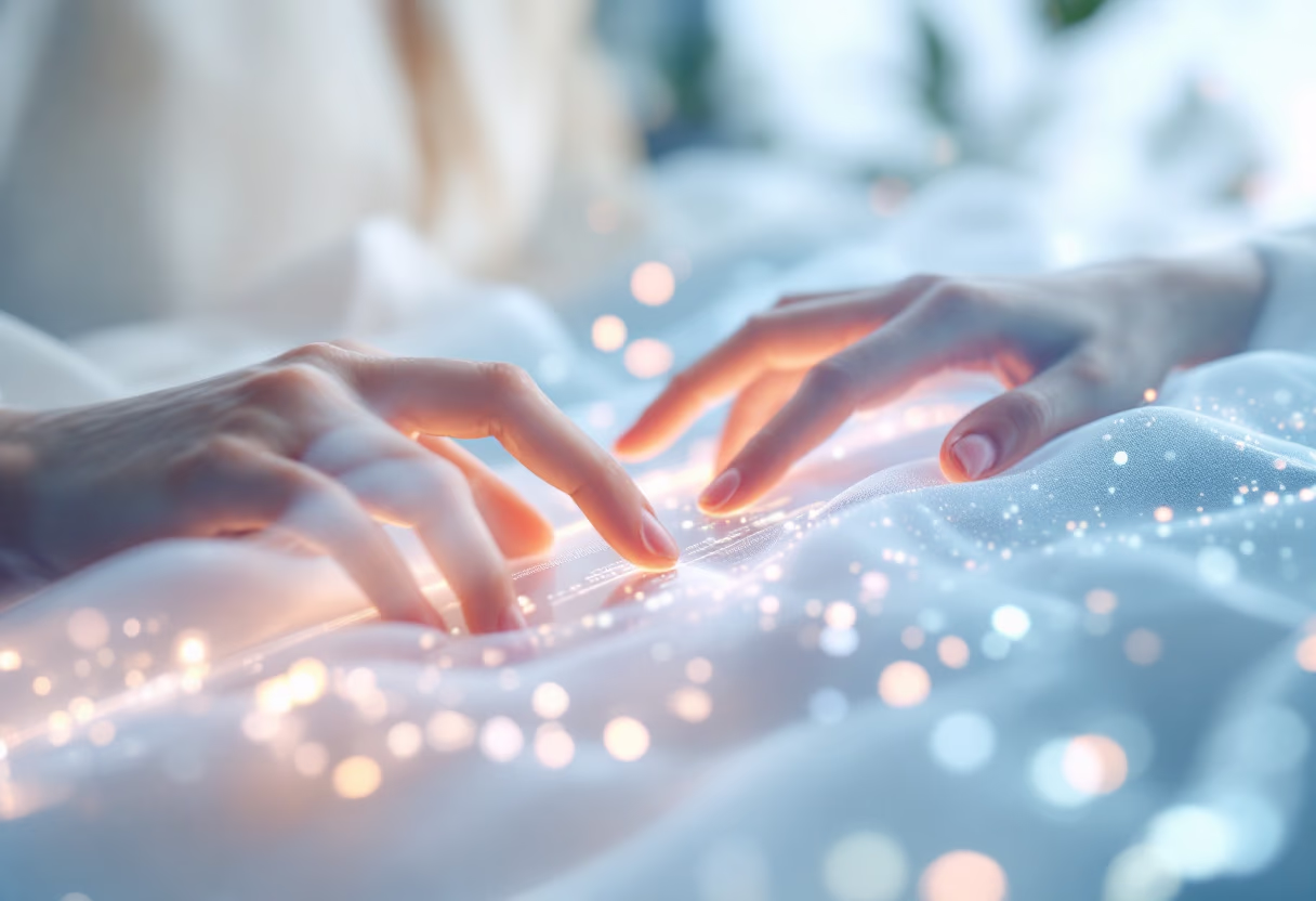 Two hands reaching across soft, glowing fabric.