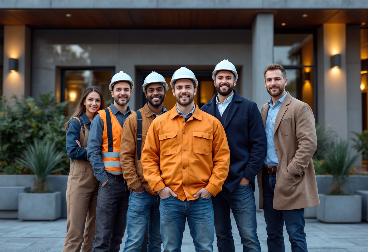 image of team in front of company building (for a roofing contractor)