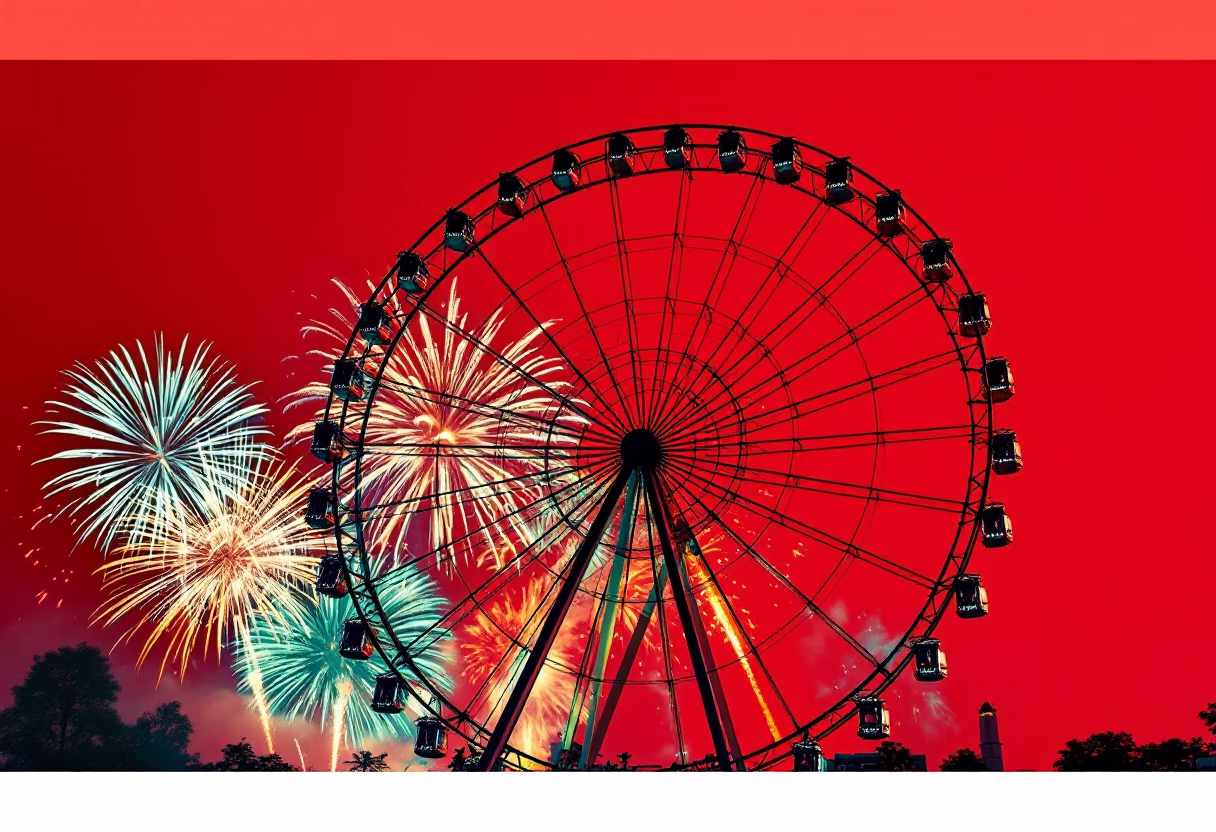fireworks with ferris wheel silhouettes