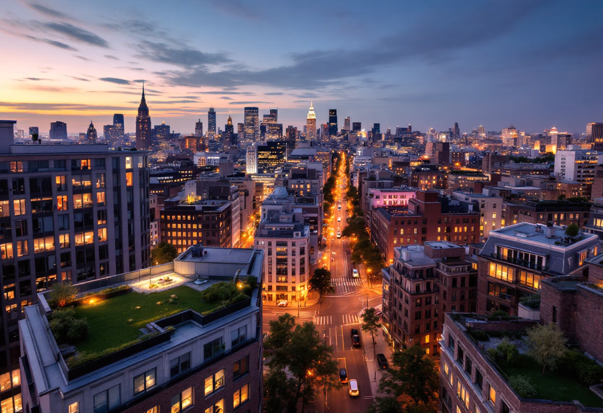image of bustling city skyline (for a real estate tech)