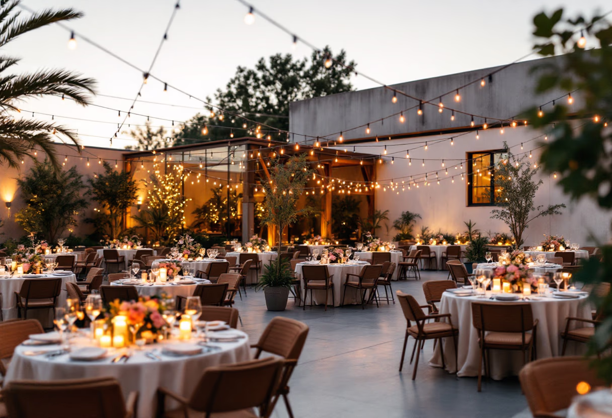 image of event decoration with lights for a wedding planning service