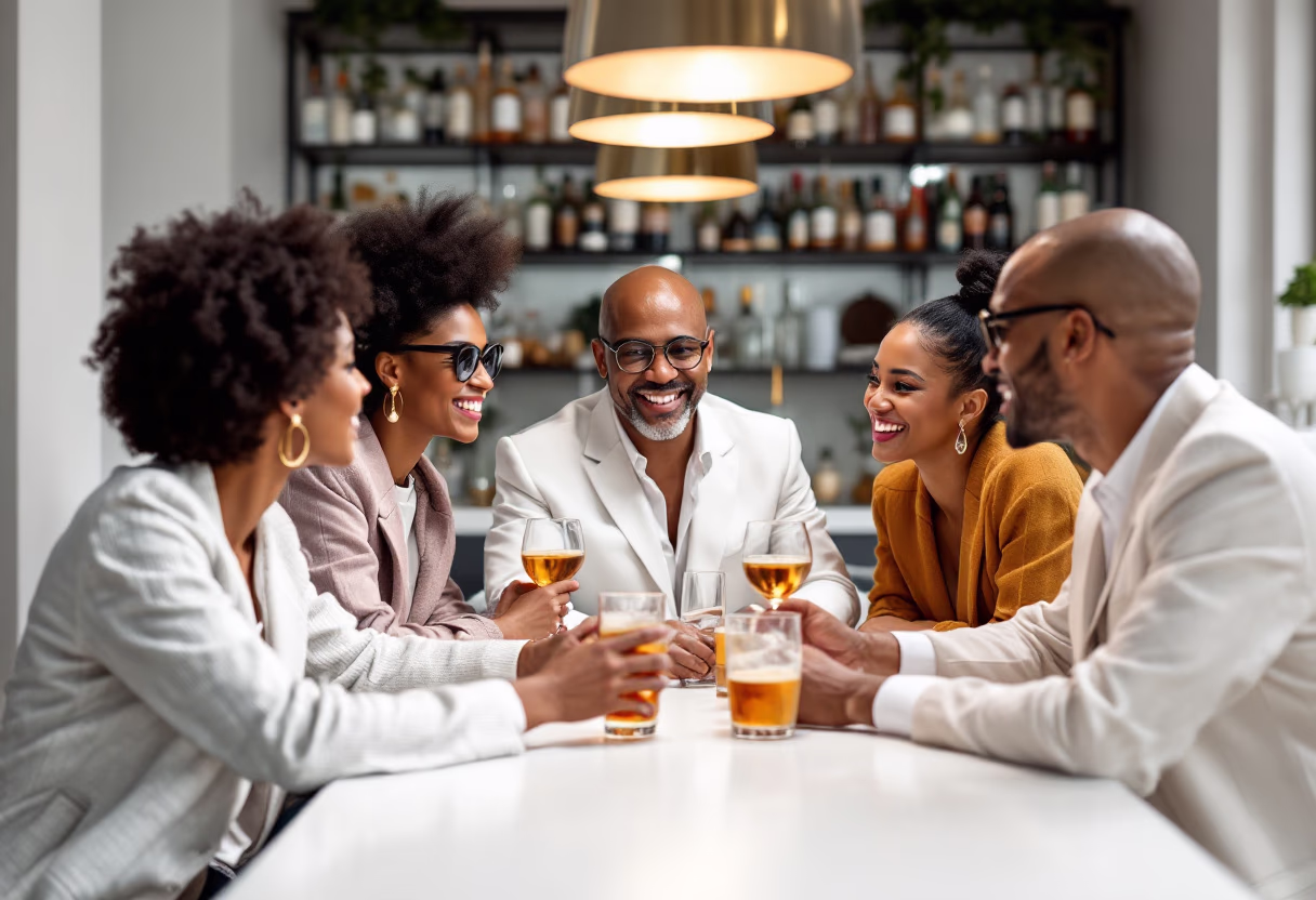 image of patrons interacting at a modern bar counter