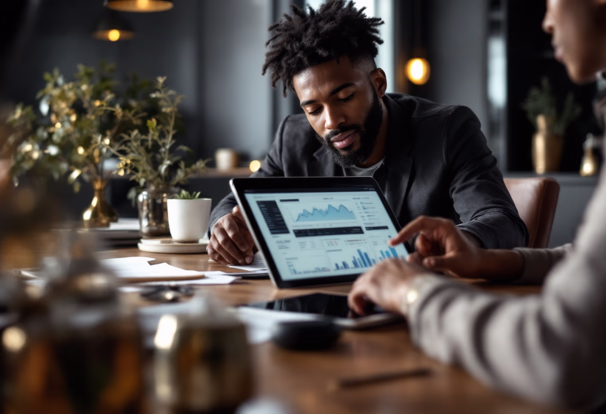 image of business professional reviewing analytics (for a hr tech)