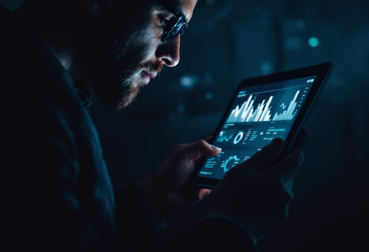 image of business professional reviewing analytics (for a hr tech)