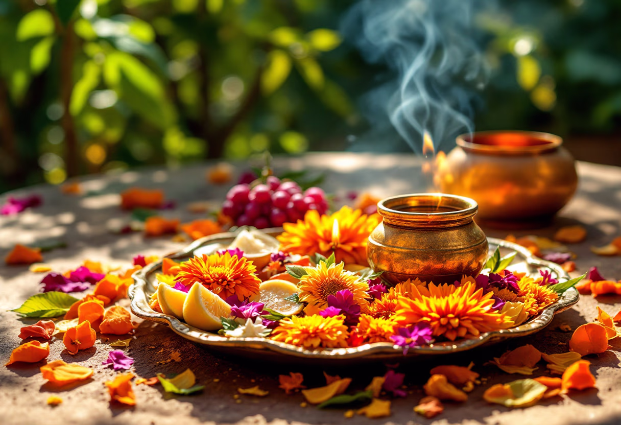 image of a vibrant puja thali, adorned with flowers and offerings