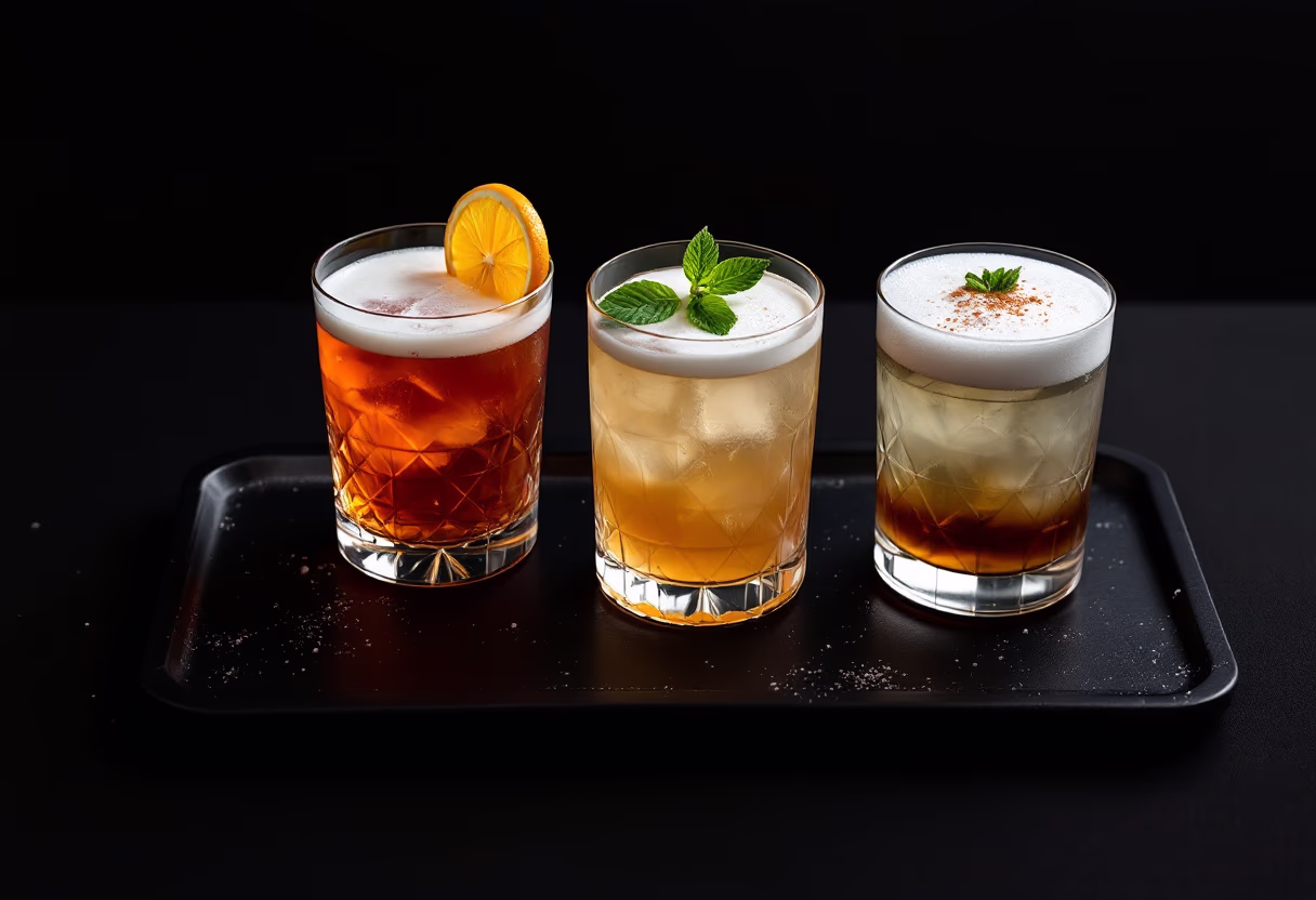 image of cocktail flight, set for a tasting event at a distillery