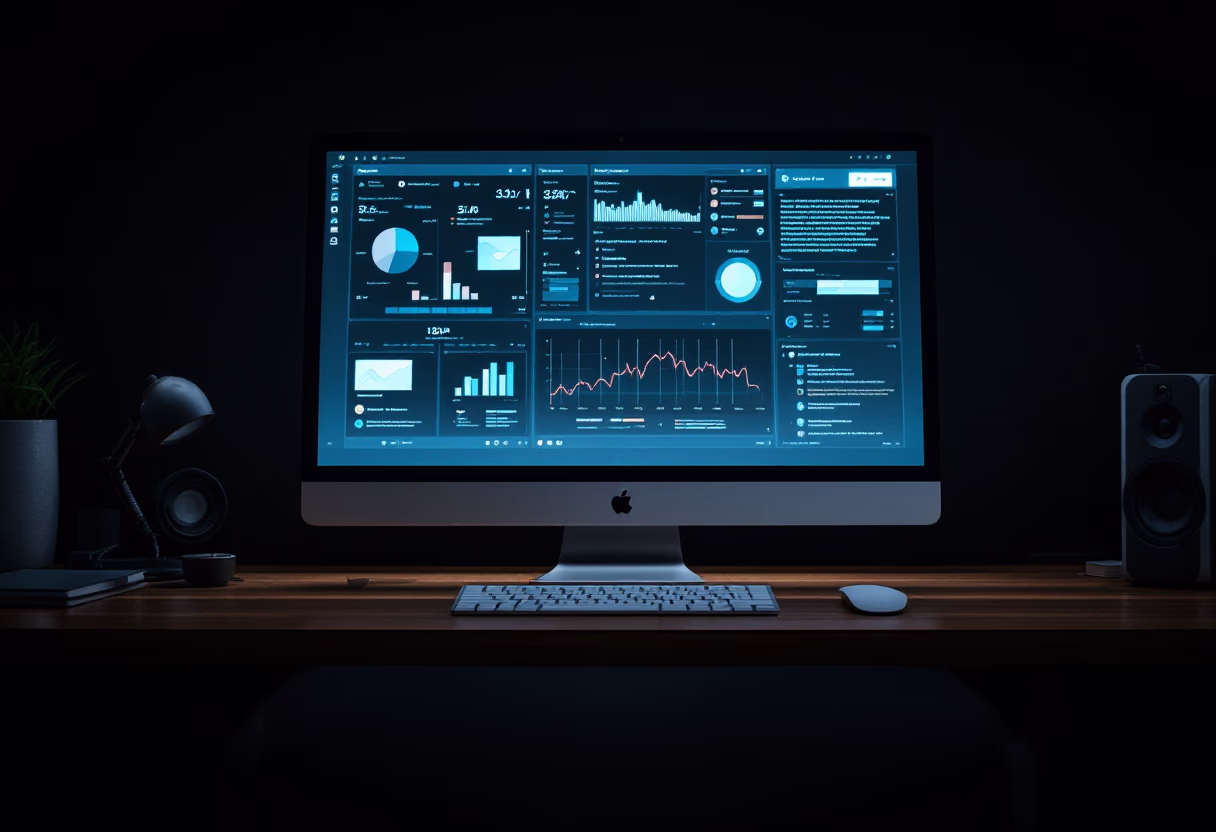 a minimalist photography of a holographic ar interface display floating above a dark wooden desk in a dimly lit room