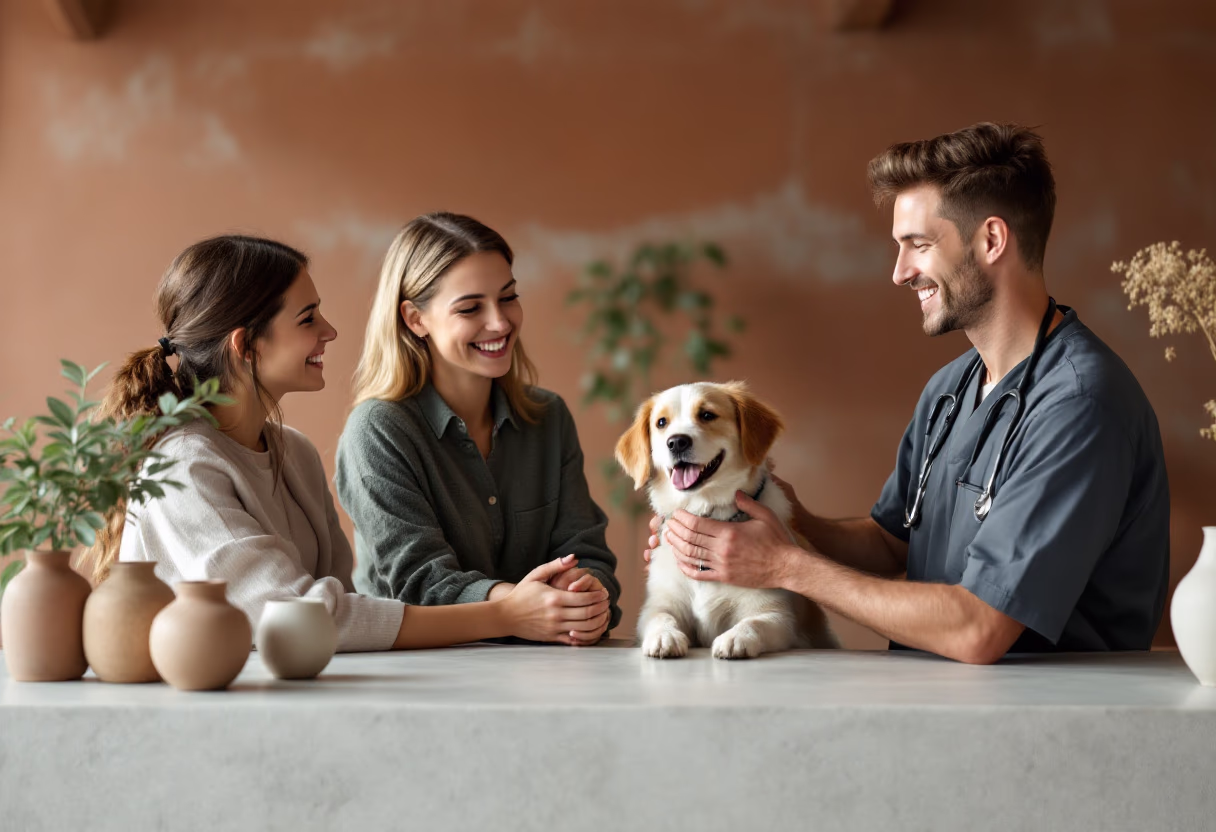 image of friendly interaction at the reception desk (for a veterinary clinic)
