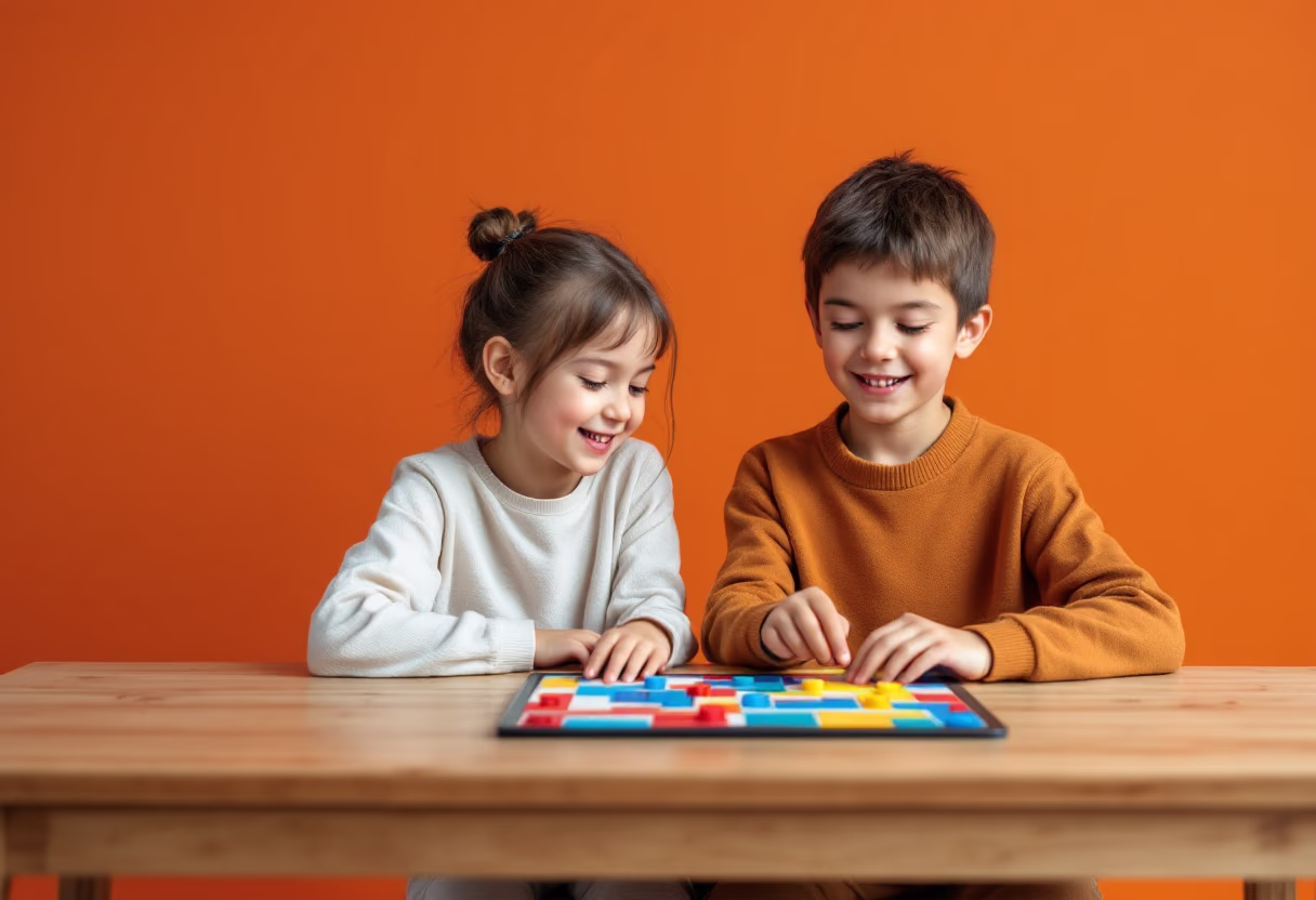 image 4: a sophisticated photo of siblings playing together with a board game
