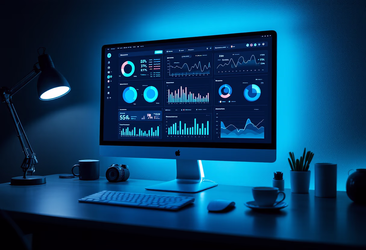 image of computer screens with data dashboards (for a data analytics and business intelligence)