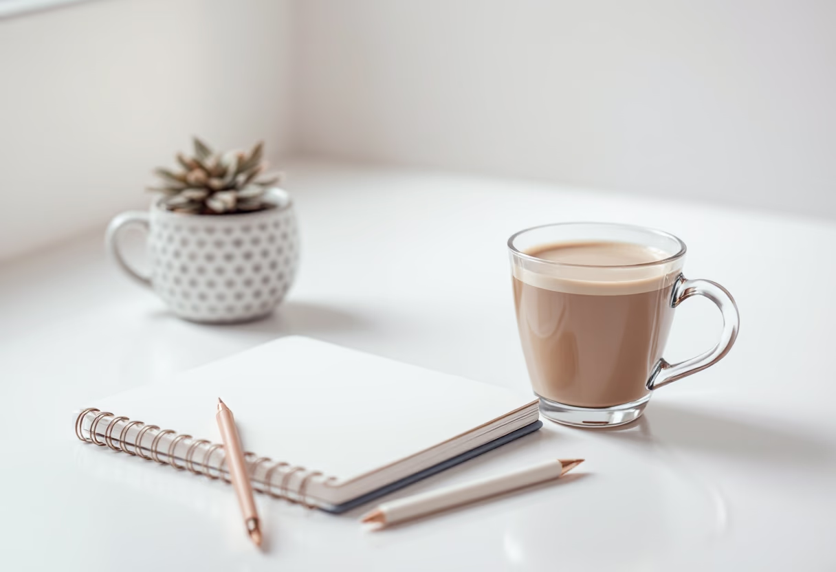 image of a notebook and a coffee cup on a desk (for a personal coach & consultant)