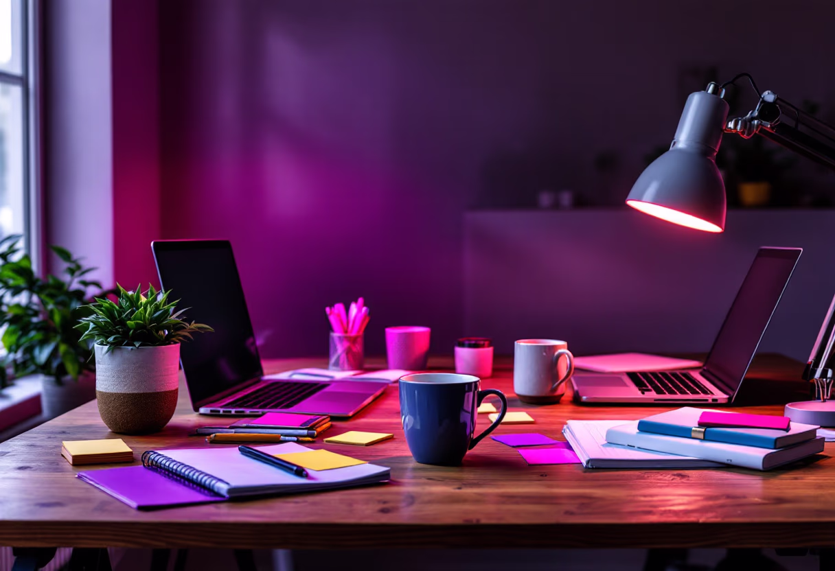 a close-up shot of a creative workspace in a modern social media office.