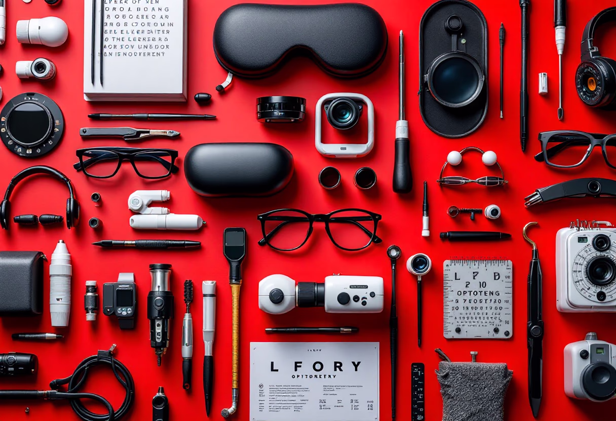 [background image] various optometry tools on a vibrant setup for an optician store