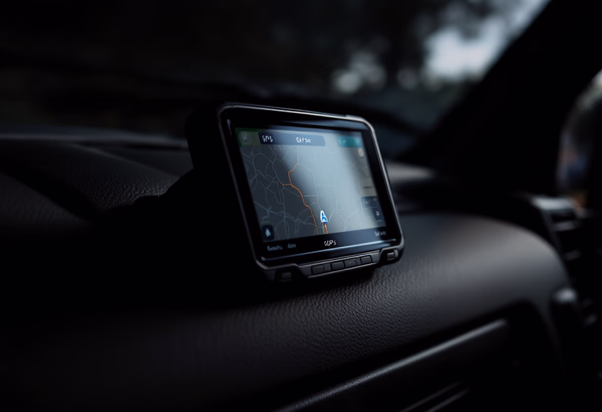 image of gps device in a darkened truck cabin