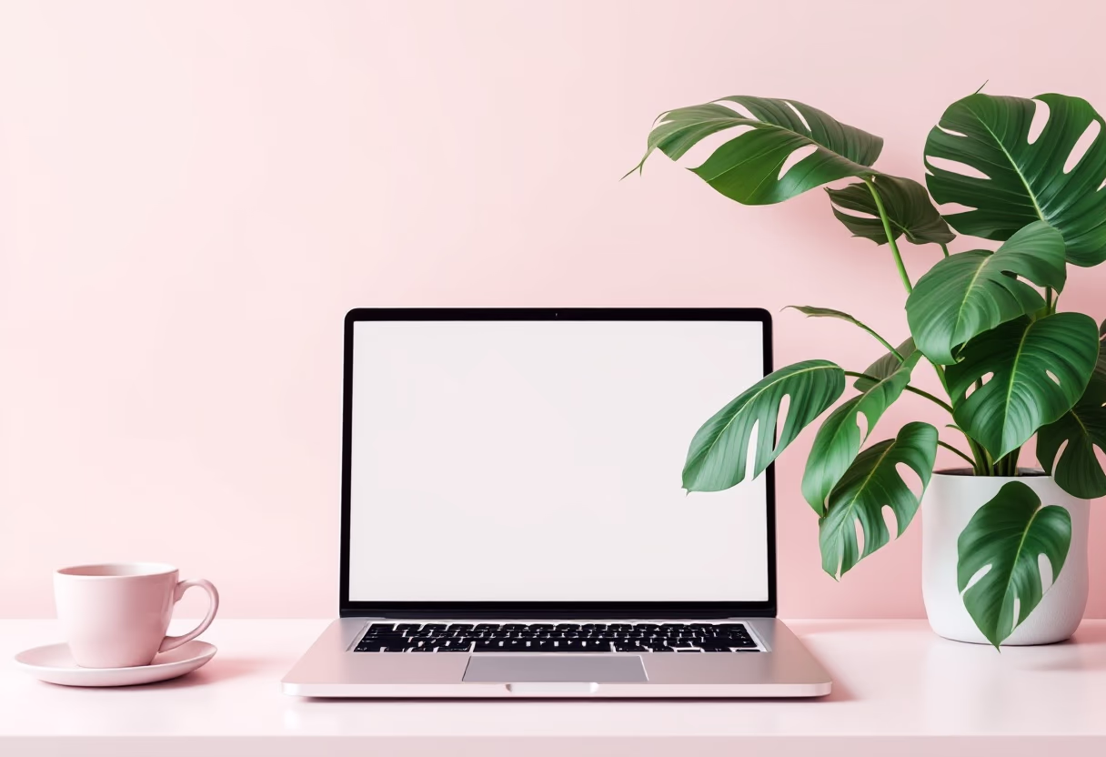 [background image] image of a desk with a laptop and a plant
