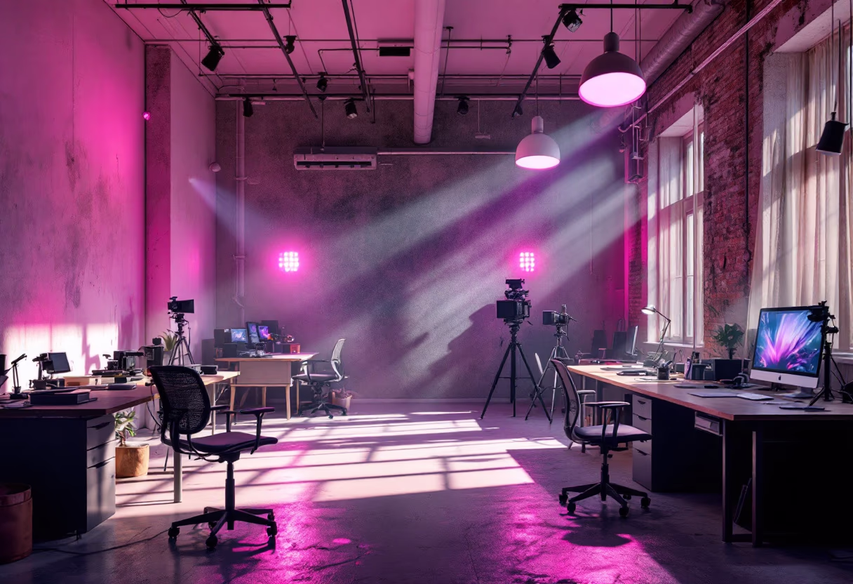 [background image] image of office workspace with desks (for a film production company).