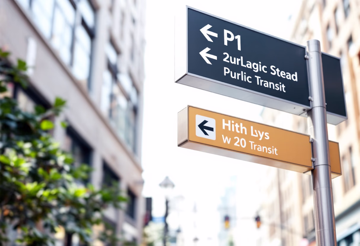 [background image] image of downtown area with transit signage for a public transportation company