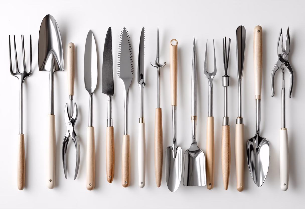 image of gardening tools organized on a wall