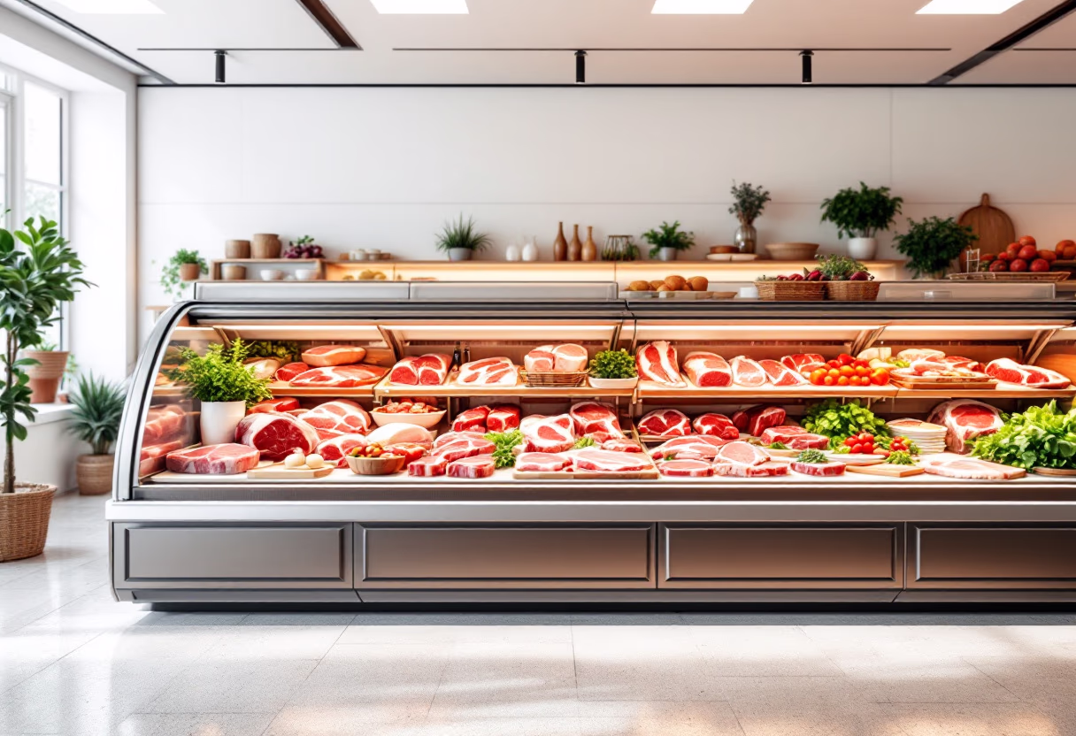 modern grocery store interior with meat counter focus