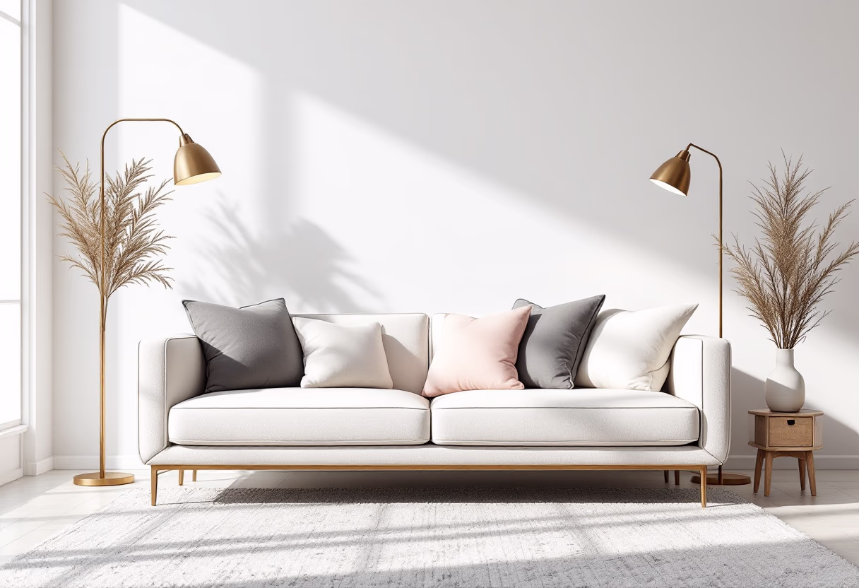 image of living room setup for a home goods store, vibrant mood