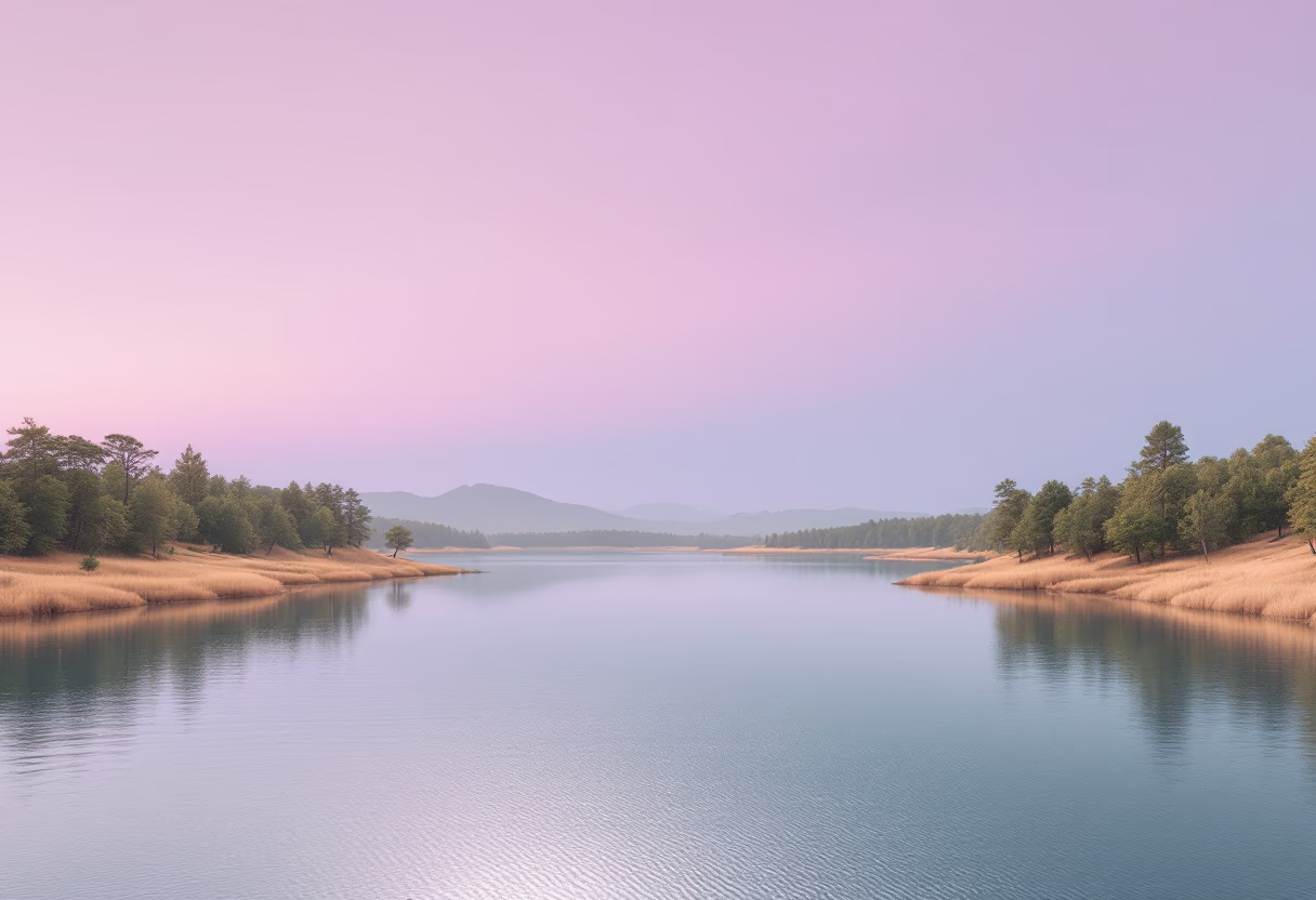 image of a tranquil lakeside view at sunset